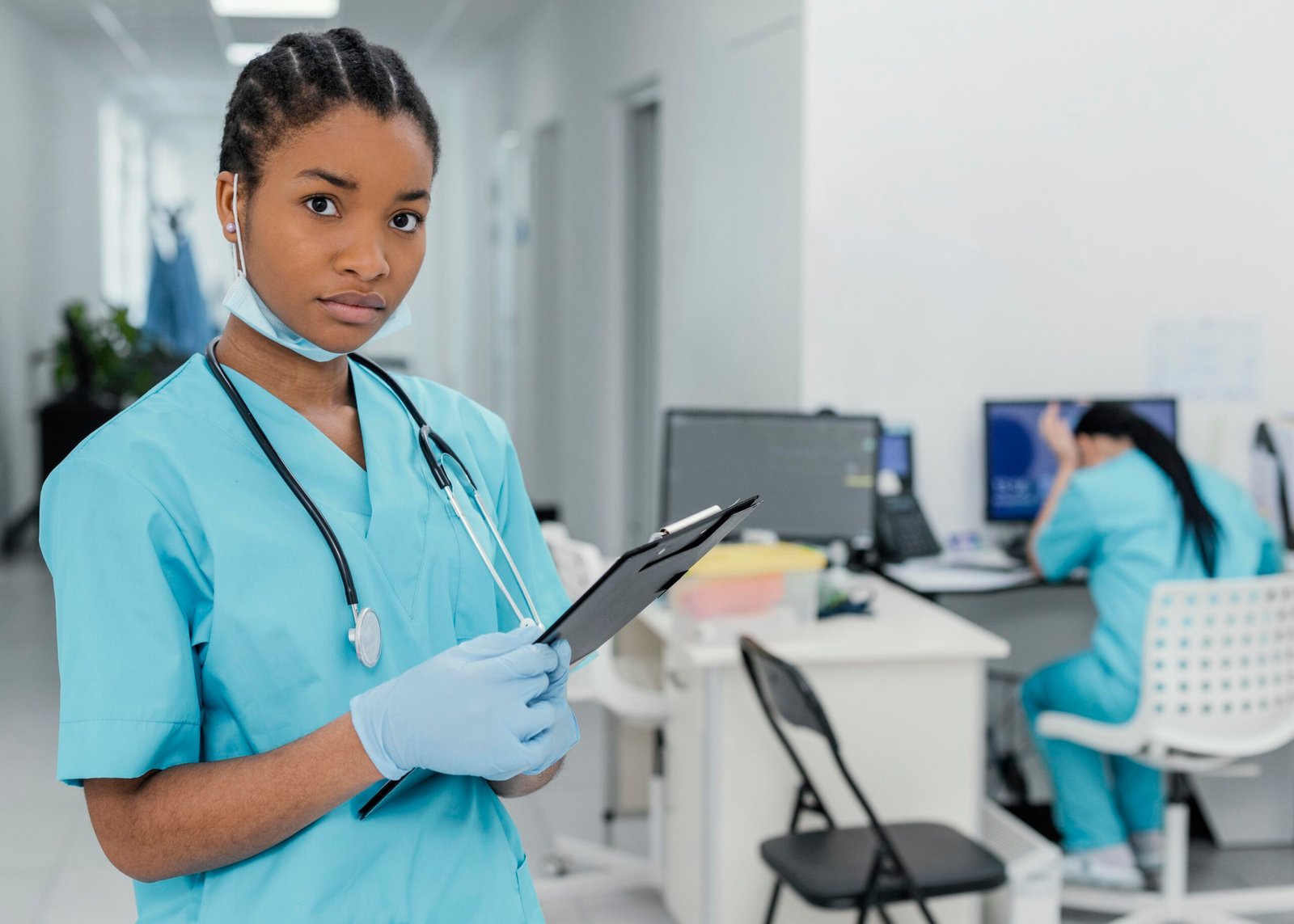 Health worker with clipboard in hospital.